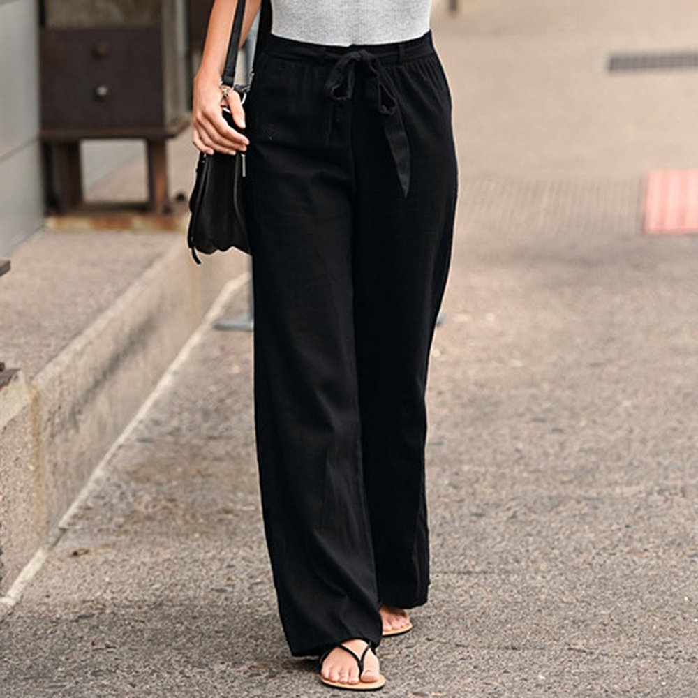 Linen Cotton Pants Solid Colors Elastic Waist with Belt, Wide Leg Multiple Sizes - Picture 4 of 6